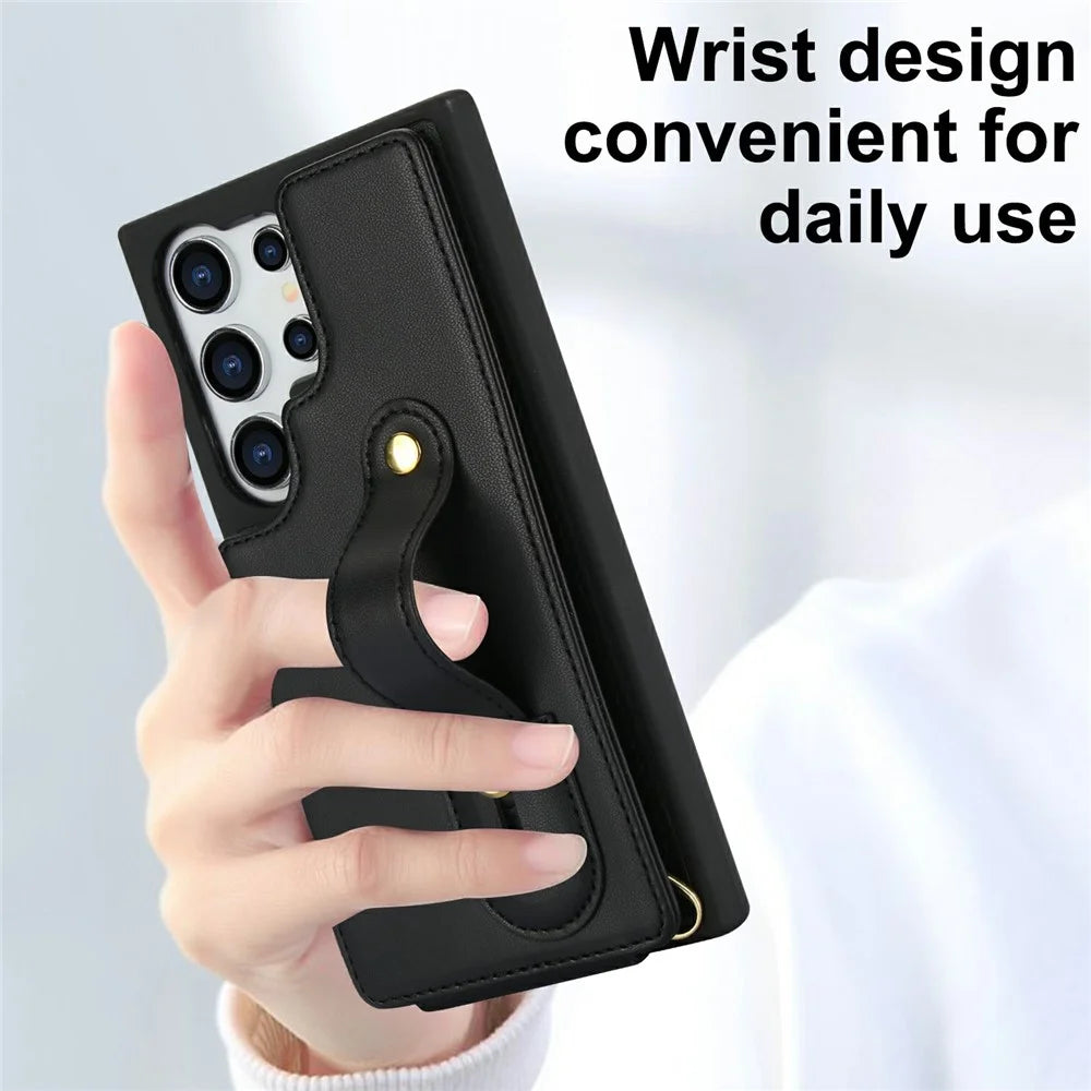 For Samsung Galaxy S26 Ultra Case Kickstand Card Slots Leather Coated TPU Cover with Shoulder Strap - Black - 7