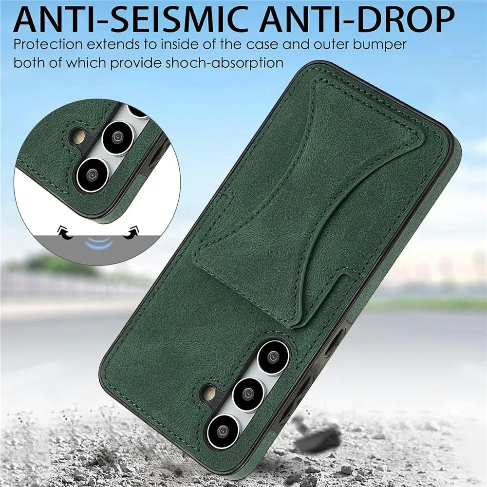 For Samsung Galaxy S26 Case Leather + TPU Phone Cover with Card Holder Kickstand - Green - 6