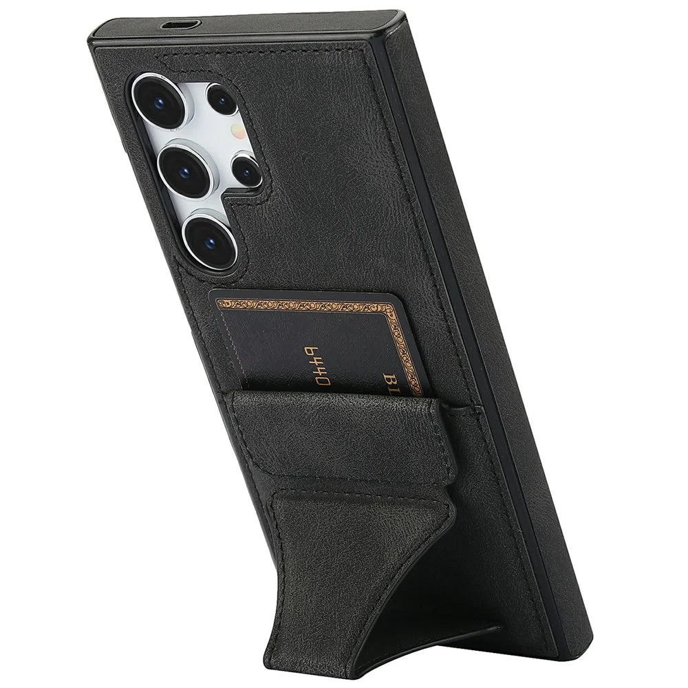 For Samsung Galaxy S26 Ultra Case Leather + TPU Phone Cover with Card Holder Kickstand - Black - 2