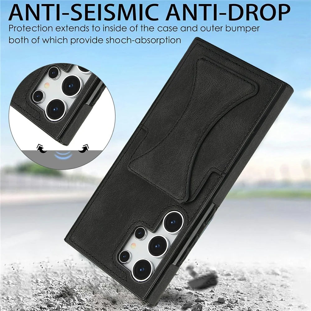 For Samsung Galaxy S26 Ultra Case Leather + TPU Phone Cover with Card Holder Kickstand - Black - 6