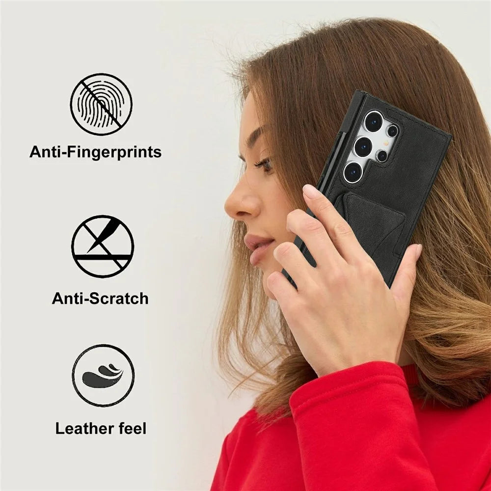 For Samsung Galaxy S26 Ultra Case Leather + TPU Phone Cover with Card Holder Kickstand - Black - 7