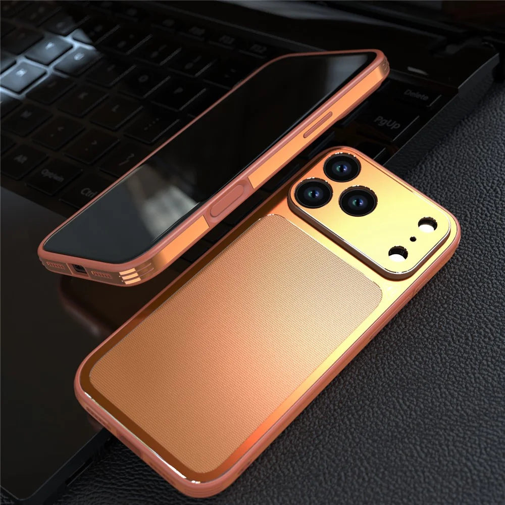 LUPHIE For iPhone 17 Pro Case Ultra Slim Metal Phone Back Cover Textured Design - Orange - 4