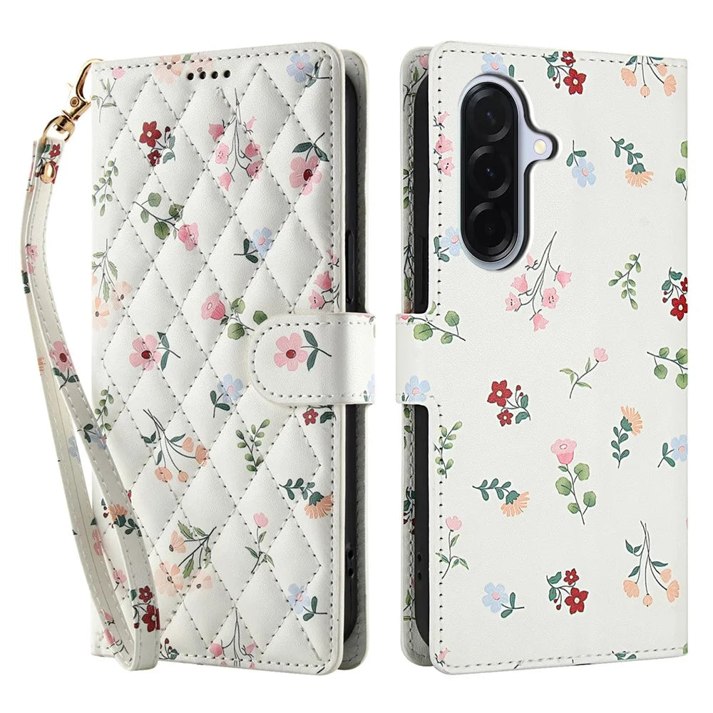 Wallet Case for Samsung Galaxy A37 5G / A56 5G / A36 5G Rhombic Floral Design Leather Flip Phone Cover with Strap - A1 - 1