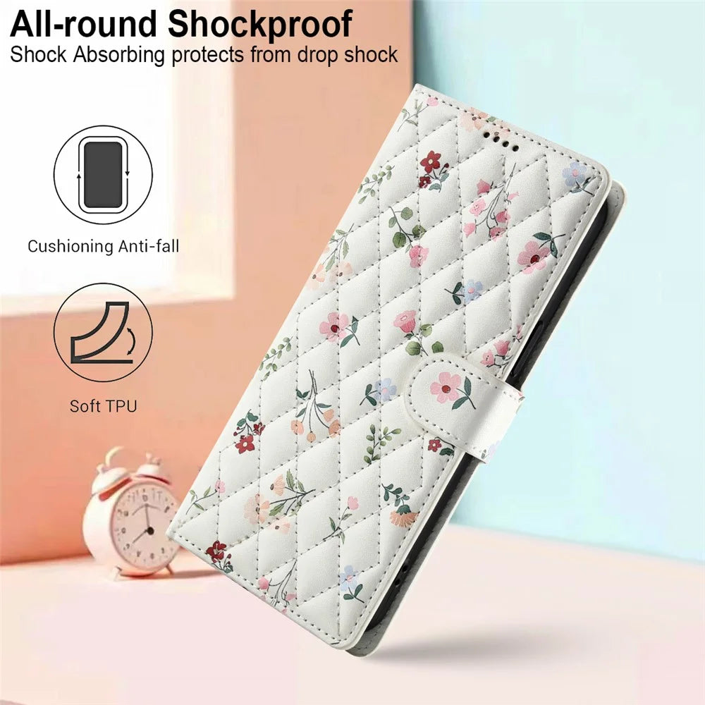 Wallet Case for Samsung Galaxy A37 5G / A56 5G / A36 5G Rhombic Floral Design Leather Flip Phone Cover with Strap - A1 - 7