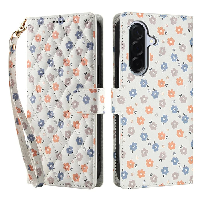 For Samsung Galaxy A57 5G Wallet Case Rhombic Floral Design Leather Flip Phone Cover with Strap - A4 - 1