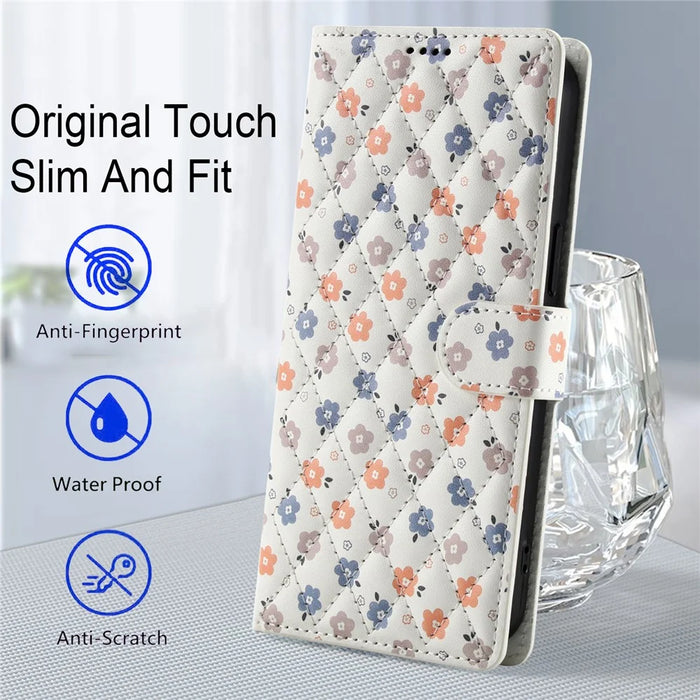 For Samsung Galaxy A57 5G Wallet Case Rhombic Floral Design Leather Flip Phone Cover with Strap - A4 - 6