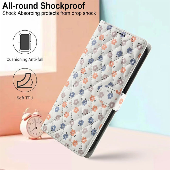For Samsung Galaxy A57 5G Wallet Case Rhombic Floral Design Leather Flip Phone Cover with Strap - A4 - 7