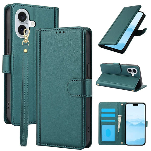 For iPhone 17 Case PU Leather Stand View Phone Wallet Cover with Hand Strap - Green - 1
