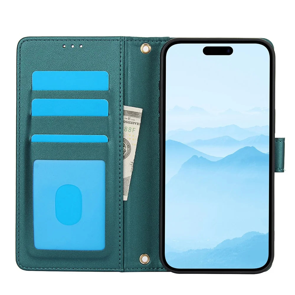 For iPhone 17 Case PU Leather Stand View Phone Wallet Cover with Hand Strap - Green - 2