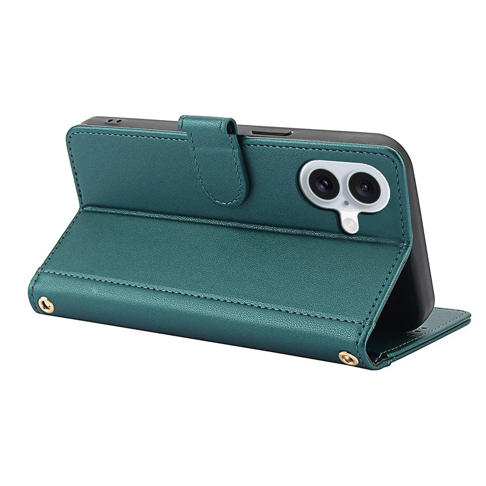 For iPhone 17 Case PU Leather Stand View Phone Wallet Cover with Hand Strap - Green - 3