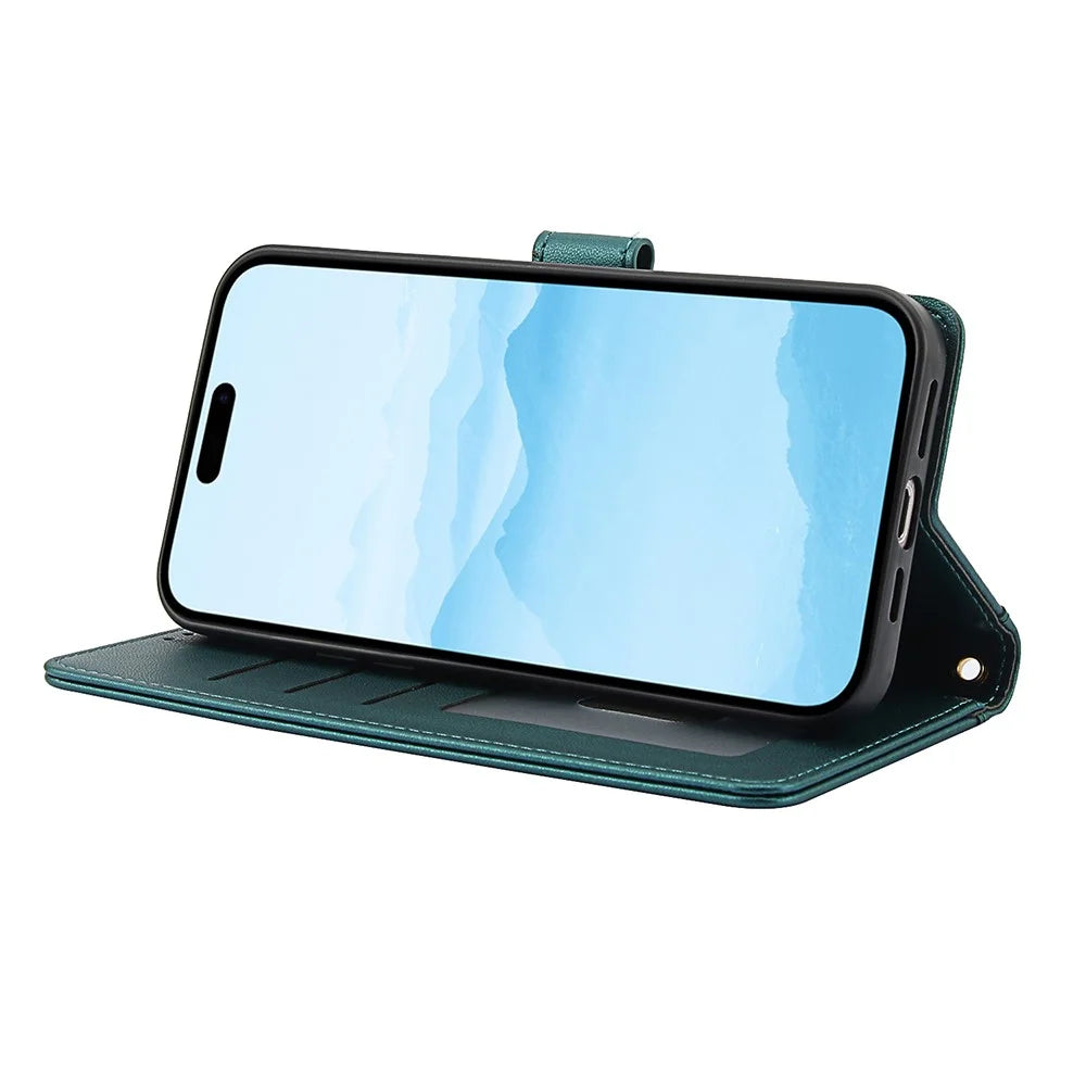 For iPhone 17 Case PU Leather Stand View Phone Wallet Cover with Hand Strap - Green - 4
