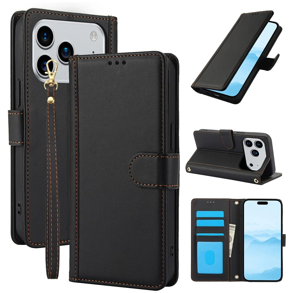 For iPhone 18 Pro / 17 Pro Case PU Leather Stand View Phone Wallet Cover with Hand Strap - Black - 1