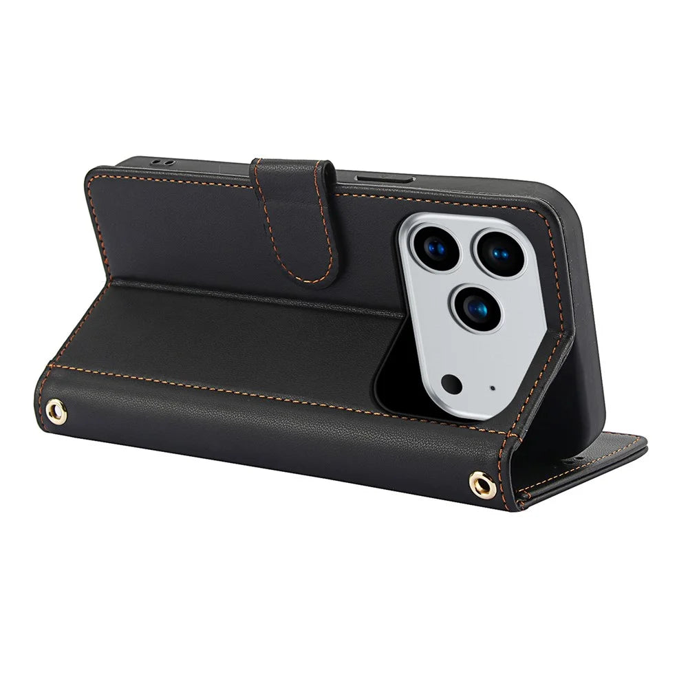 For iPhone 18 Pro / 17 Pro Case PU Leather Stand View Phone Wallet Cover with Hand Strap - Black - 3