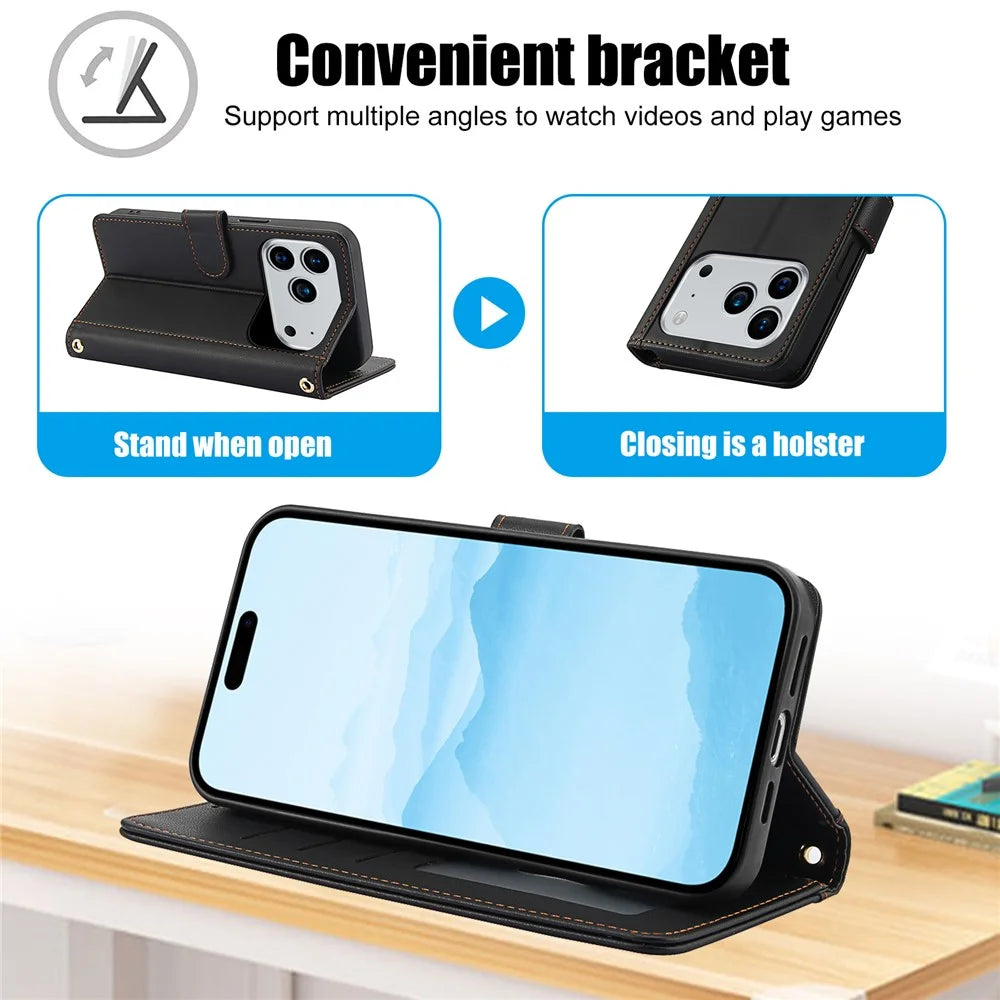 For iPhone 18 Pro / 17 Pro Case PU Leather Stand View Phone Wallet Cover with Hand Strap - Black - 6