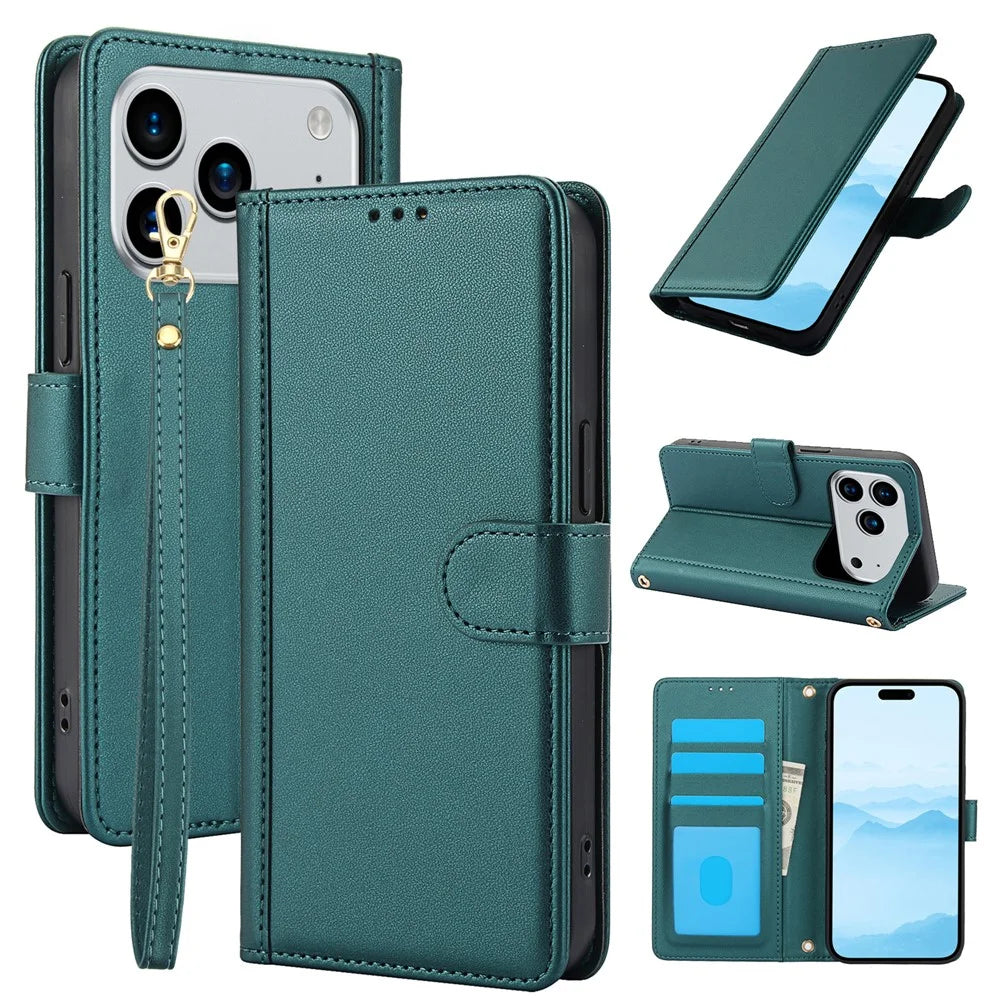 For iPhone 18 Pro Max / 17 Pro Max Case PU Leather Stand View Phone Wallet Cover with Hand Strap - Green - 1