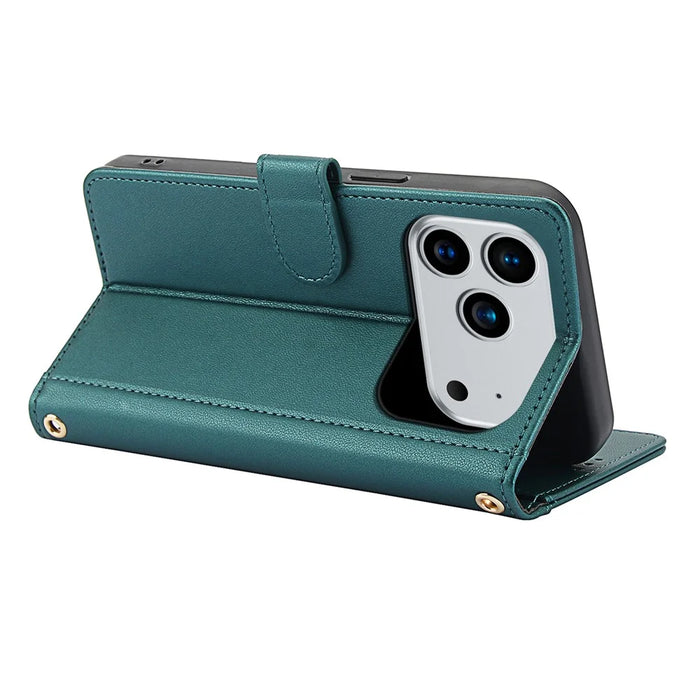 For iPhone 18 Pro Max / 17 Pro Max Case PU Leather Stand View Phone Wallet Cover with Hand Strap - Green - 3