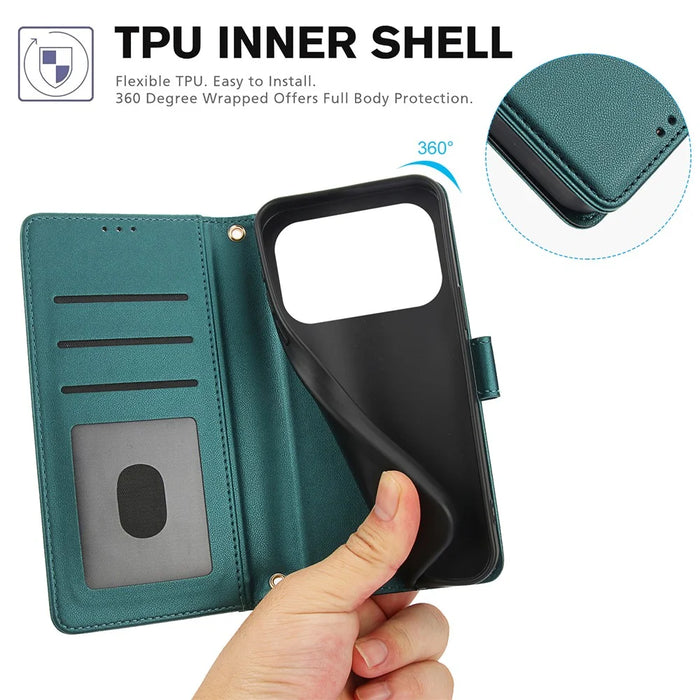 For iPhone 18 Pro Max / 17 Pro Max Case PU Leather Stand View Phone Wallet Cover with Hand Strap - Green - 5