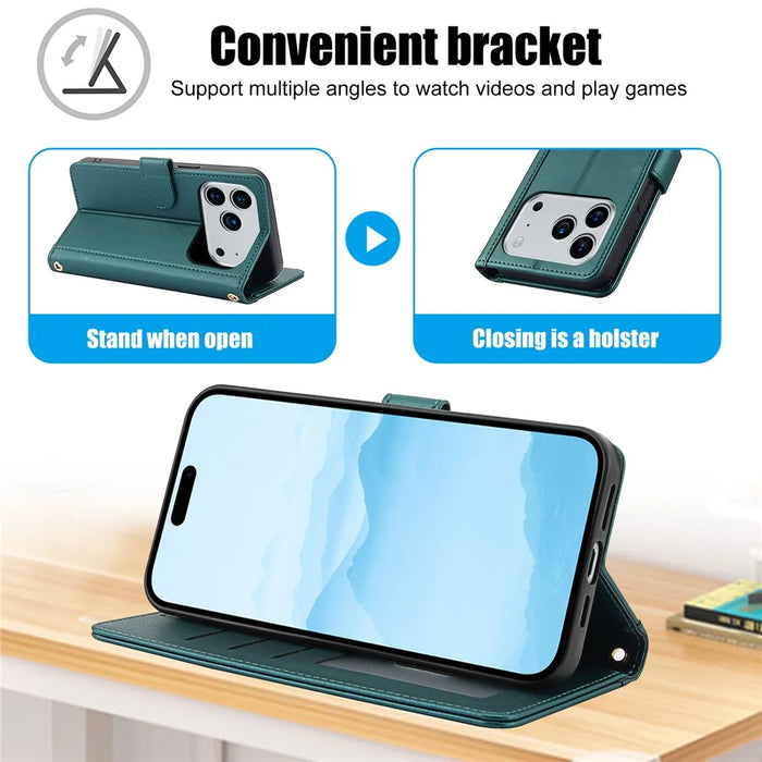 For iPhone 18 Pro Max / 17 Pro Max Case PU Leather Stand View Phone Wallet Cover with Hand Strap - Green - 6