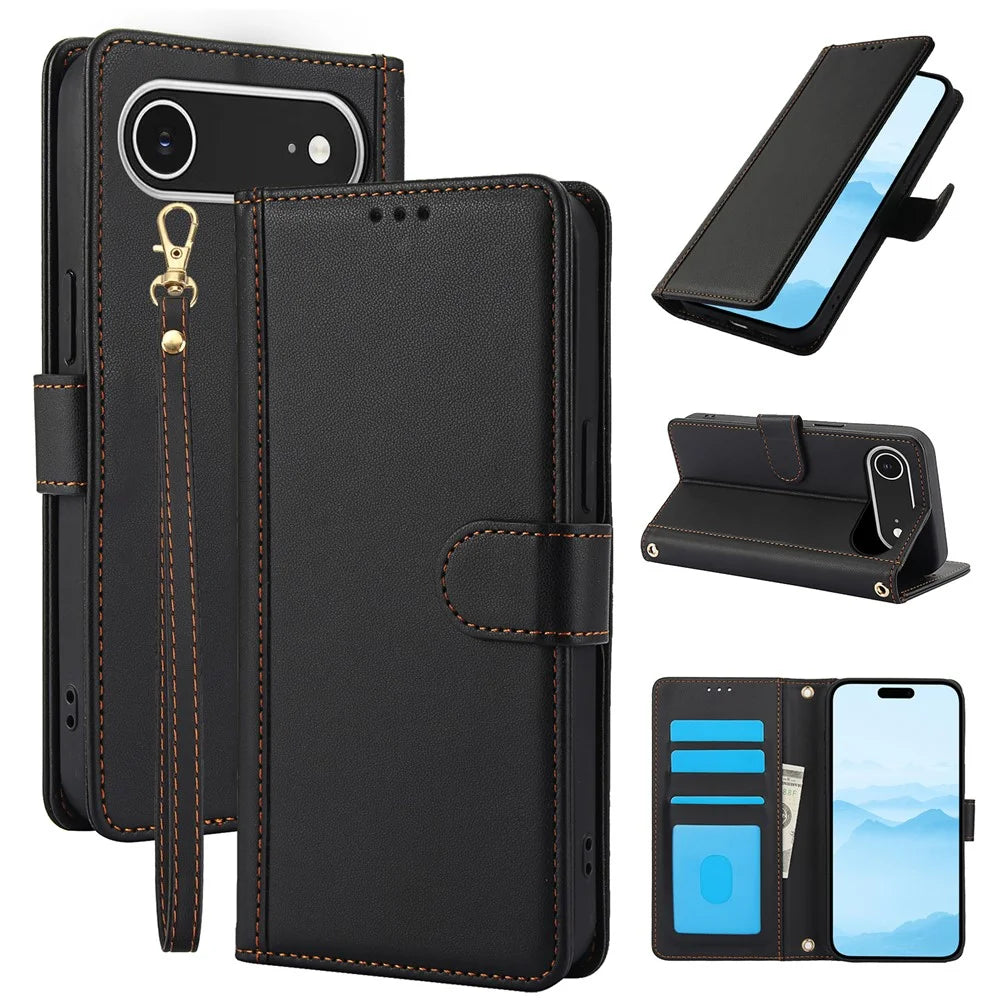 For iPhone Air Case PU Leather Stand View Phone Wallet Cover with Hand Strap - Black - 1