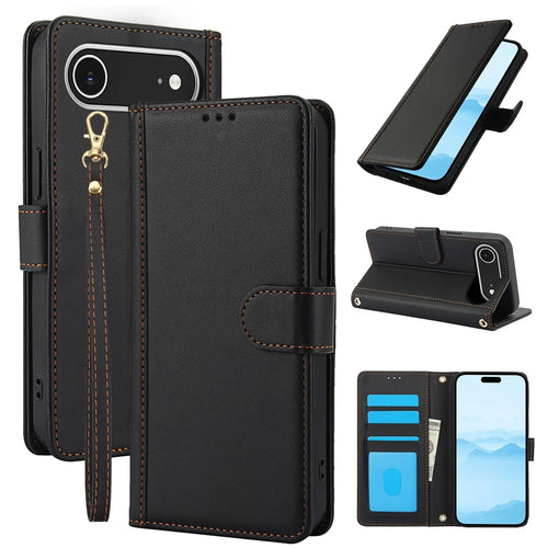 For iPhone Air Case PU Leather Stand View Phone Wallet Cover with Hand Strap - Black - 1