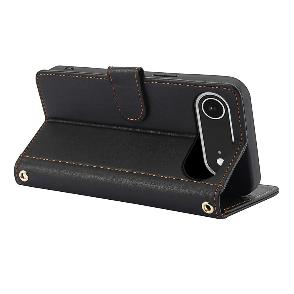 For iPhone Air Case PU Leather Stand View Phone Wallet Cover with Hand Strap - Black - 2