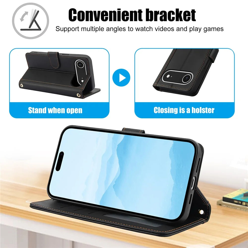 For iPhone Air Case PU Leather Stand View Phone Wallet Cover with Hand Strap - Black - 4