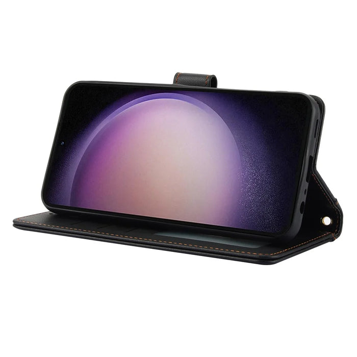 For Samsung Galaxy S26 Case PU Leather Stand View Phone Wallet Cover with Hand Strap - Black - 3