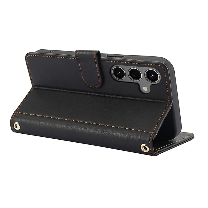 For Samsung Galaxy S26 Case PU Leather Stand View Phone Wallet Cover with Hand Strap - Black - 4