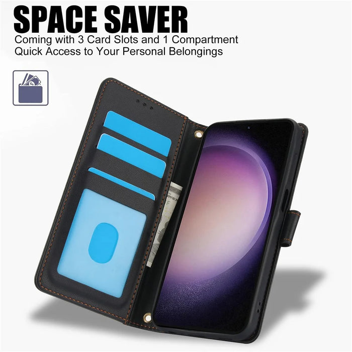 For Samsung Galaxy S26 Case PU Leather Stand View Phone Wallet Cover with Hand Strap - Black - 5