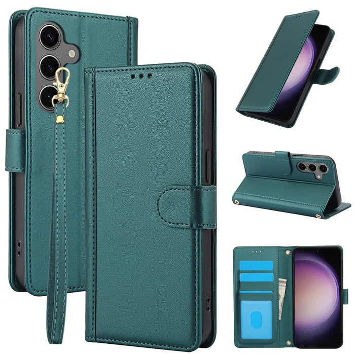 For Samsung Galaxy S26+ Case PU Leather Stand View Phone Wallet Cover with Hand Strap - Green - 1