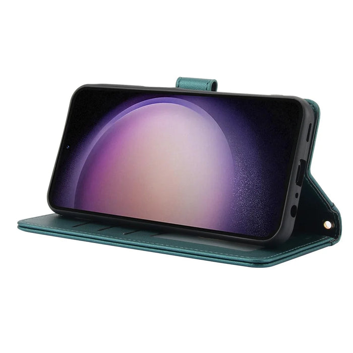 For Samsung Galaxy S26+ Case PU Leather Stand View Phone Wallet Cover with Hand Strap - Green - 3