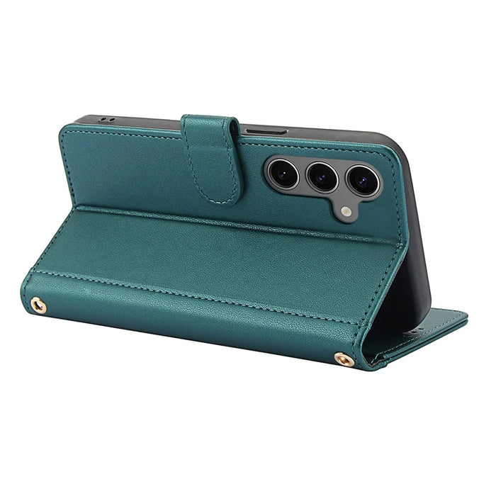 For Samsung Galaxy S26+ Case PU Leather Stand View Phone Wallet Cover with Hand Strap - Green - 4
