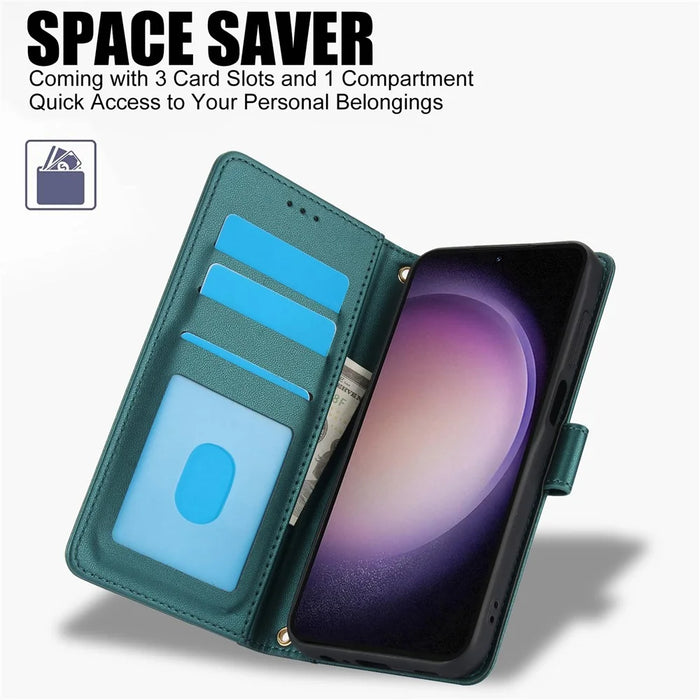 For Samsung Galaxy S26+ Case PU Leather Stand View Phone Wallet Cover with Hand Strap - Green - 5