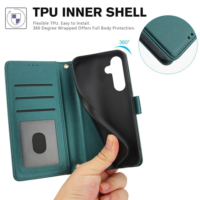 For Samsung Galaxy S26+ Case PU Leather Stand View Phone Wallet Cover with Hand Strap - Green - 6