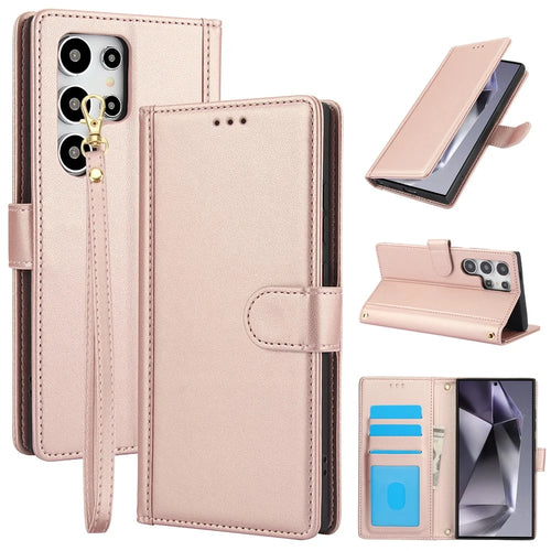 For Samsung Galaxy S26 Ultra Case PU Leather Stand View Phone Wallet Cover with Hand Strap - Pink - 1