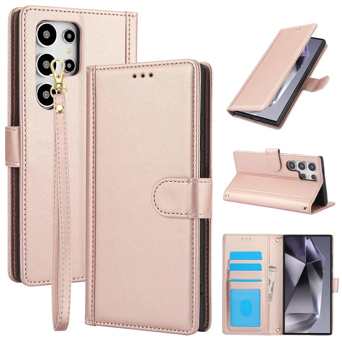 For Samsung Galaxy S26 Ultra Case PU Leather Stand View Phone Wallet Cover with Hand Strap - Pink - 1