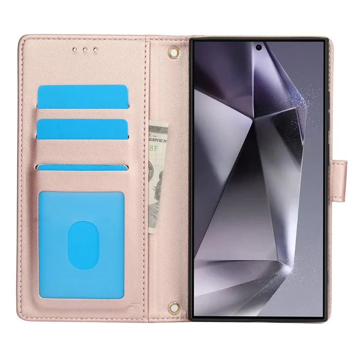 For Samsung Galaxy S26 Ultra Case PU Leather Stand View Phone Wallet Cover with Hand Strap - Pink - 2