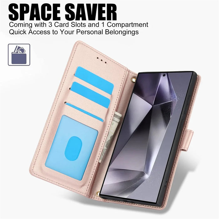For Samsung Galaxy S26 Ultra Case PU Leather Stand View Phone Wallet Cover with Hand Strap - Pink - 5