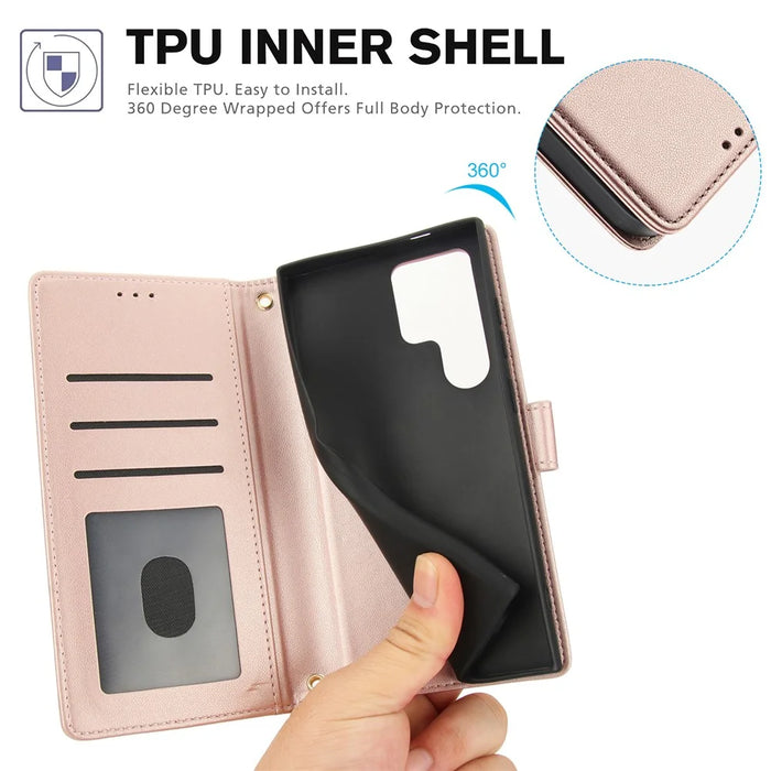 For Samsung Galaxy S26 Ultra Case PU Leather Stand View Phone Wallet Cover with Hand Strap - Pink - 6
