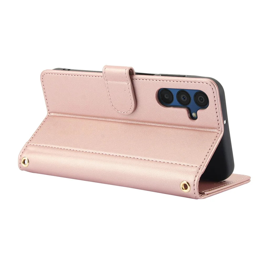 PU Leather Case for Samsung Galaxy A18 5G / A18 4G / A17 5G / A17 4G / A26 5G Stand View Phone Wallet Cover with Hand Strap - Pink - 3