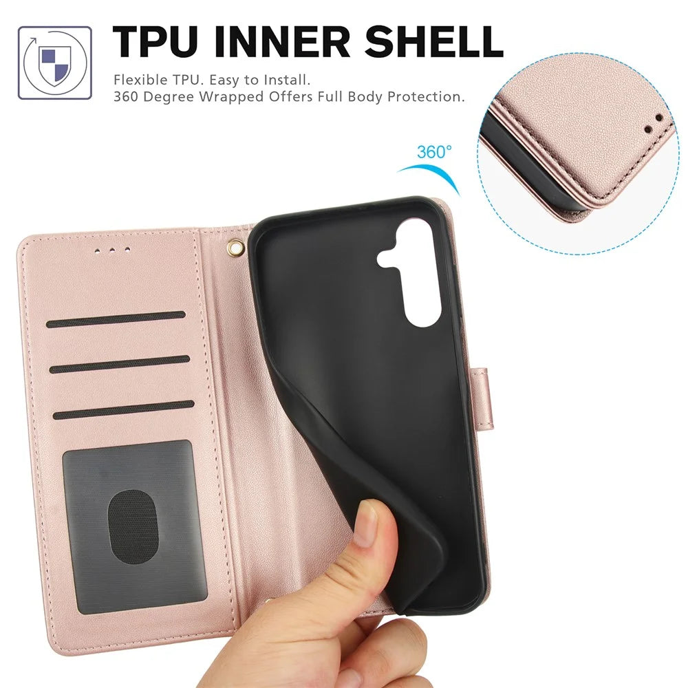 PU Leather Case for Samsung Galaxy A18 5G / A18 4G / A17 5G / A17 4G / A26 5G Stand View Phone Wallet Cover with Hand Strap - Pink - 6