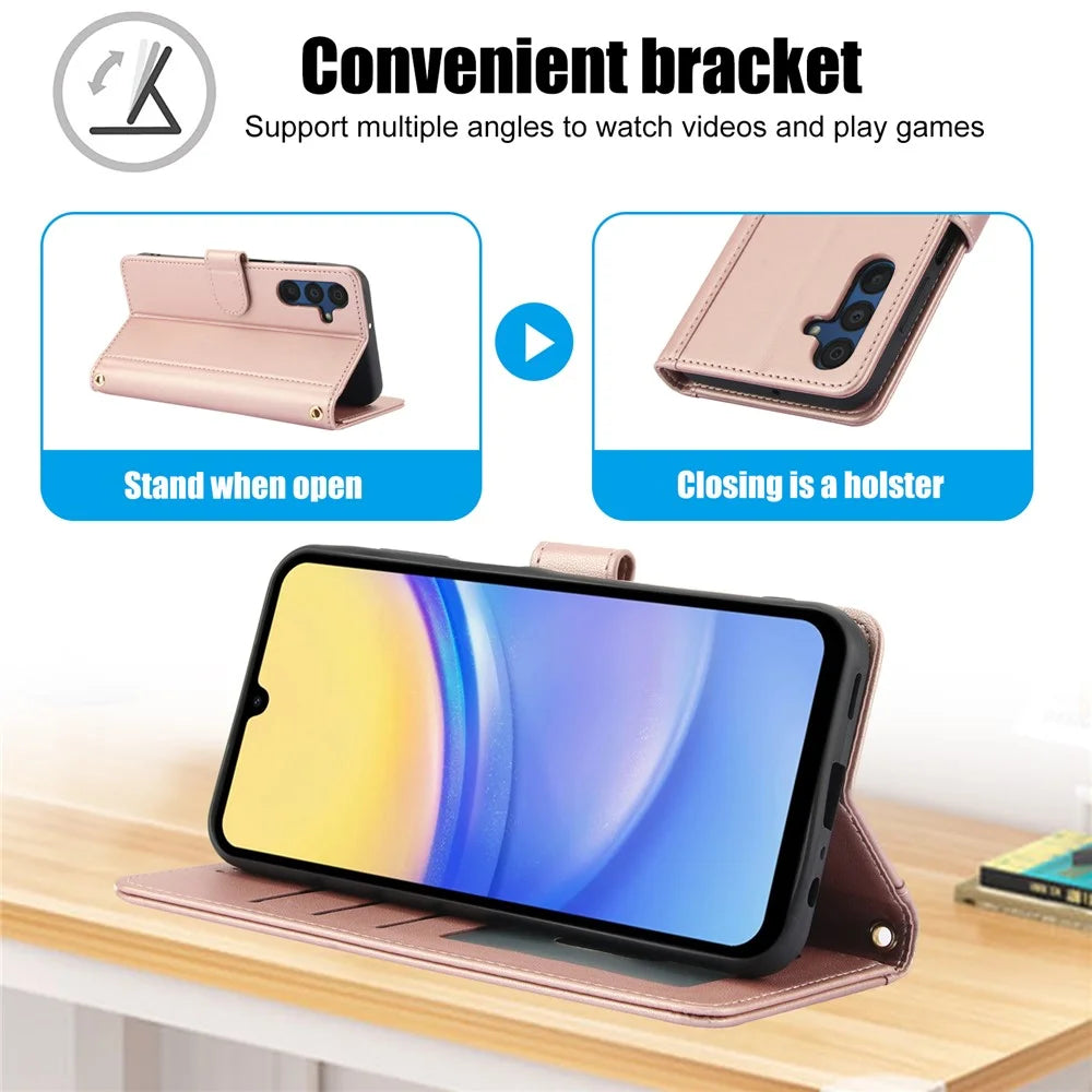 PU Leather Case for Samsung Galaxy A18 5G / A18 4G / A17 5G / A17 4G / A26 5G Stand View Phone Wallet Cover with Hand Strap - Pink - 7