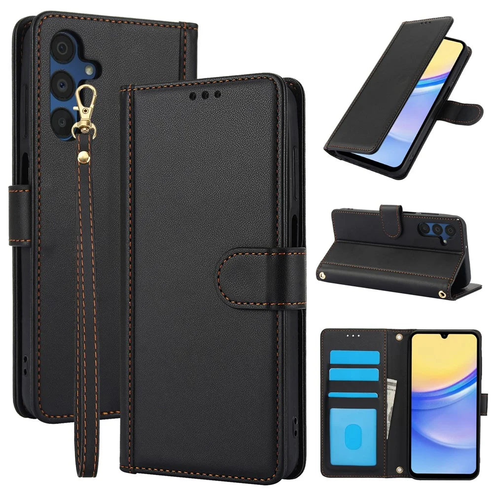 For Samsung Galaxy A57 5G Case PU Leather Stand View Phone Wallet Cover with Hand Strap - Black - 1