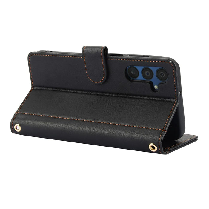 For Samsung Galaxy A57 5G Case PU Leather Stand View Phone Wallet Cover with Hand Strap - Black - 3