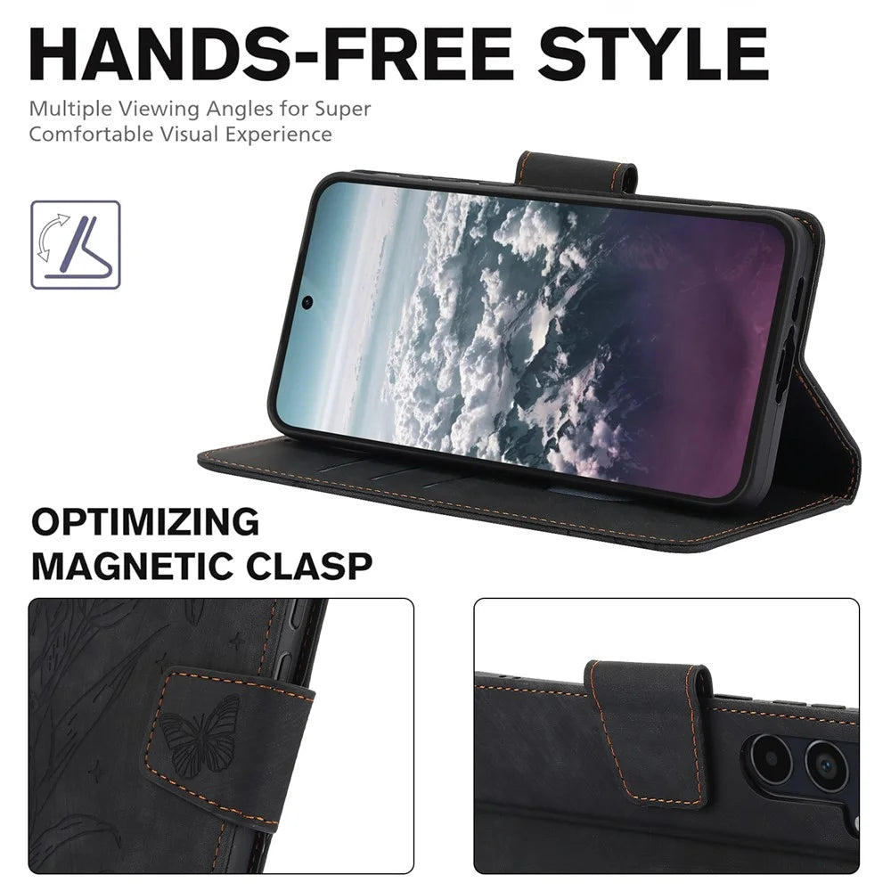 Leather Case for Samsung Galaxy A18 5G / A18 4G / A17 5G / A17 4G / A26 5G Flower Butterfly Wallet Phone Cover with Hand Strap - Black - 7