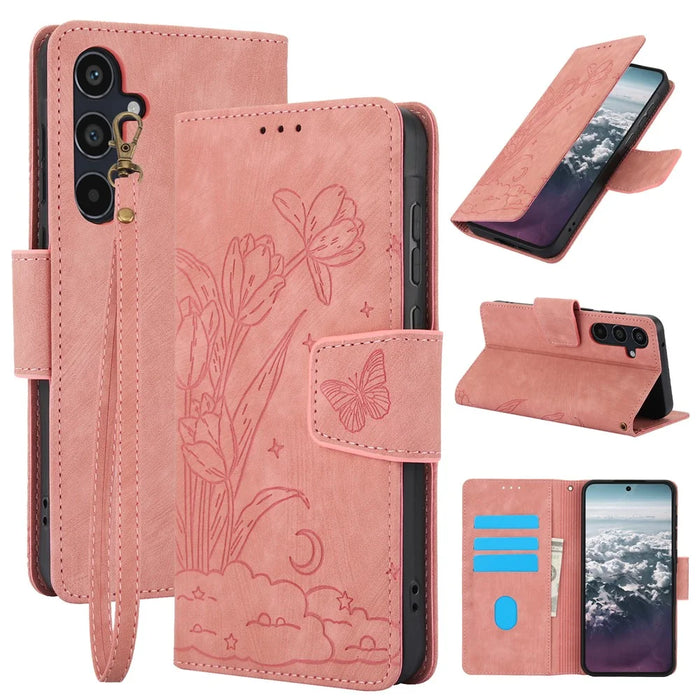For Samsung Galaxy A57 5G Case Flower Butterfly Leather Wallet Phone Cover with Hand Strap - Pink - 1