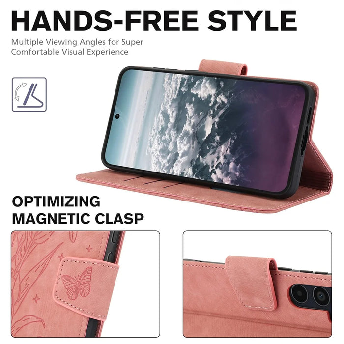 For Samsung Galaxy A57 5G Case Flower Butterfly Leather Wallet Phone Cover with Hand Strap - Pink - 7