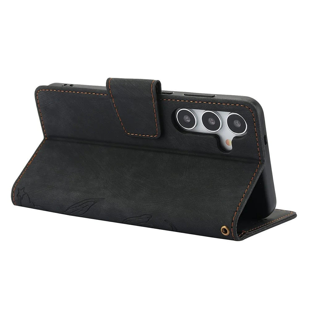 SY-001 For Samsung Galaxy S26 Case Flower Butterfly Leather Wallet Phone Cover with Hand Strap - Black - 3