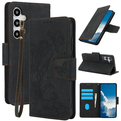 SY-001 For Samsung Galaxy S26+ Case Flower Butterfly Leather Wallet Phone Cover with Hand Strap - Black - 1