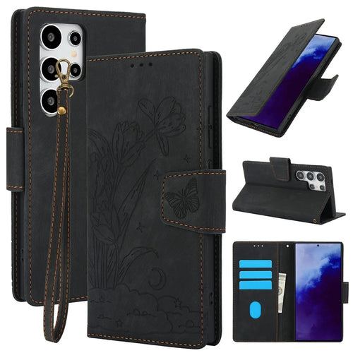 SY-001 For Samsung Galaxy S26 Ultra Case Flower Butterfly Leather Wallet Phone Cover with Hand Strap - Black - 1